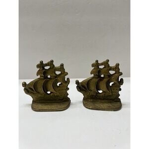 Vintage Cast Bronze/Brass/Iron Sailing Ship Bookends Clipper Boat Pirate 4x4"
